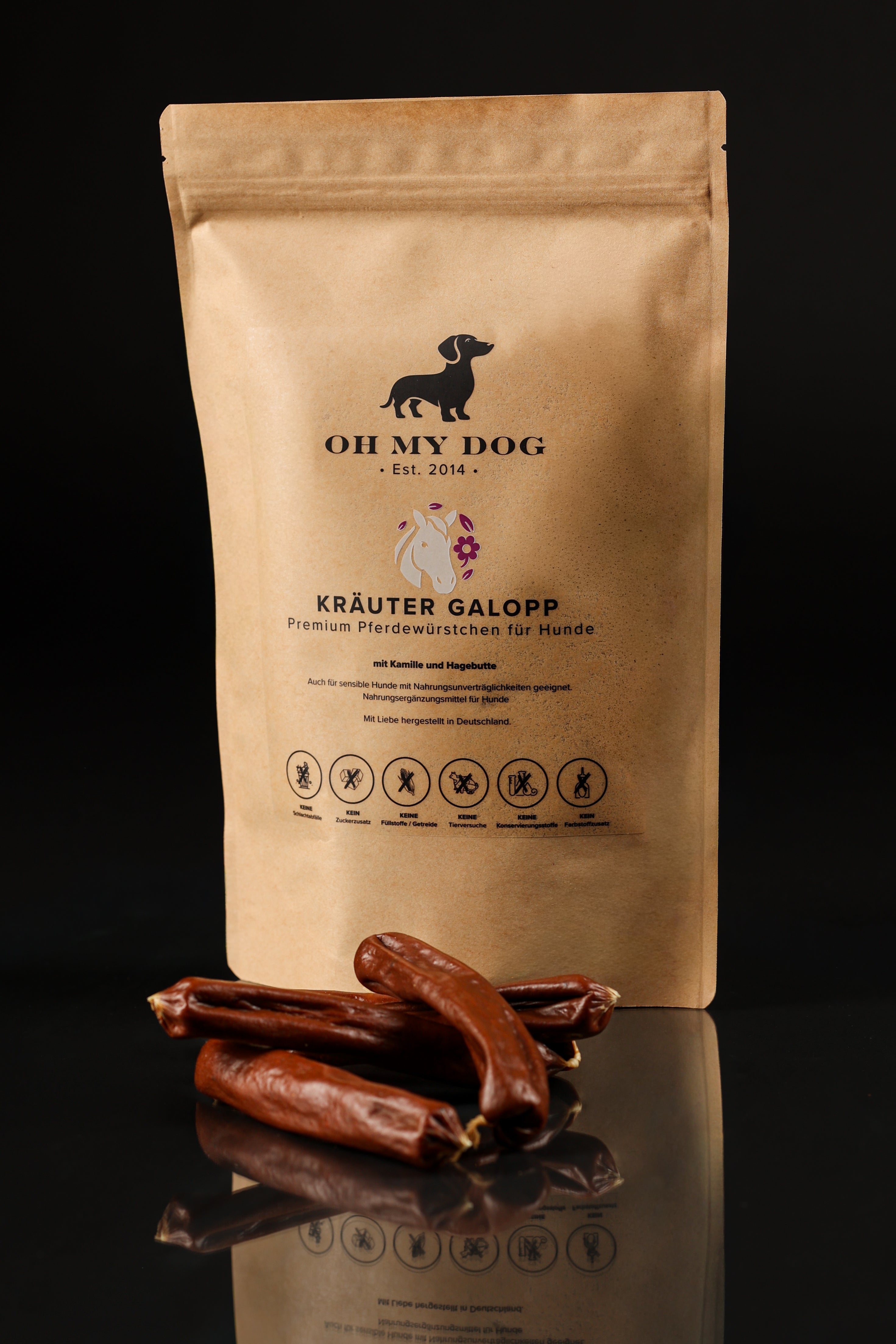 KRÄUTER GALOPP – Pferdewürstchen mit Kamille & Hagebutte